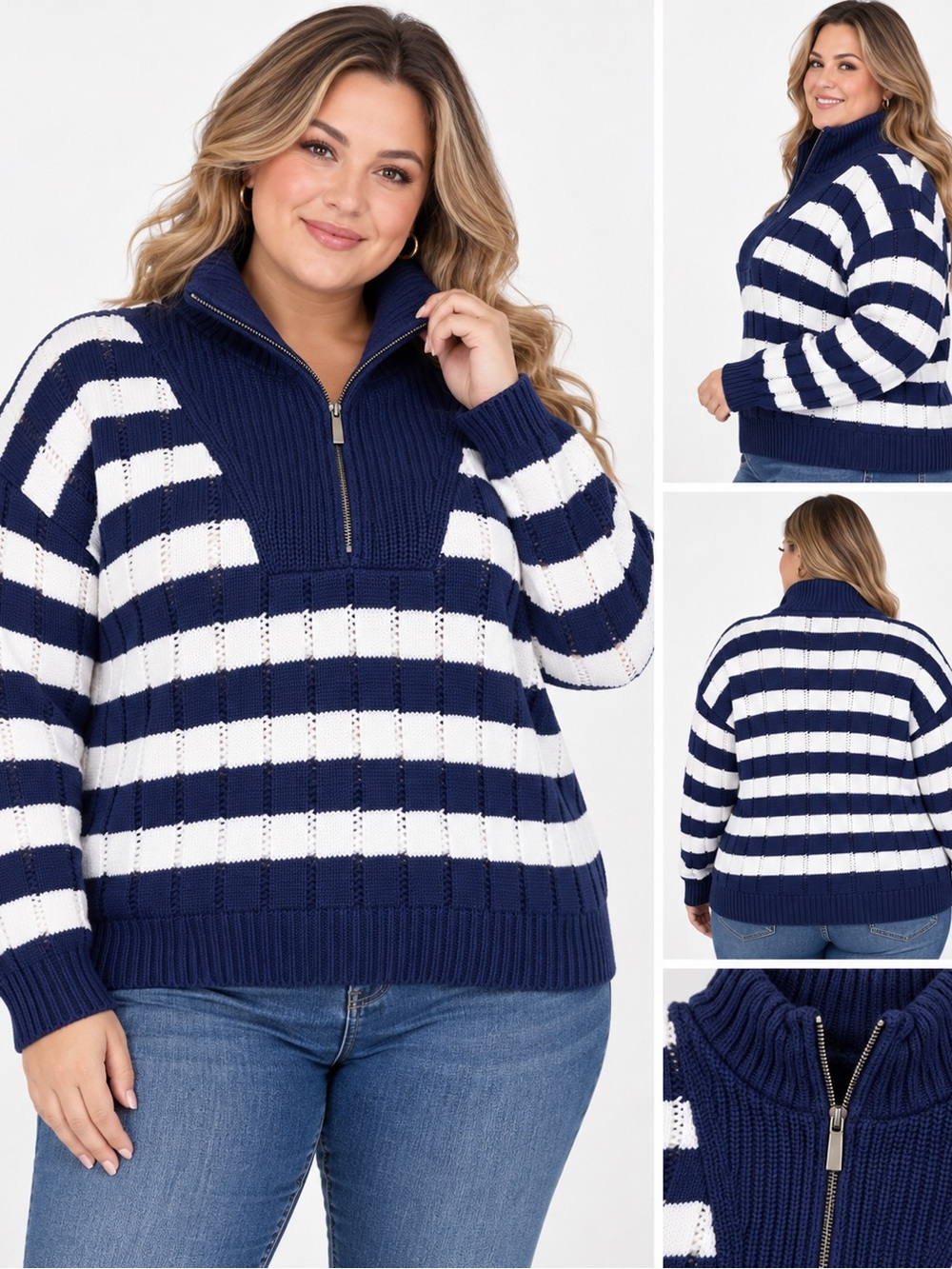 A new day Navy Blue White Chunky Knit Turtleneck Sweater Size 2X Plus Size Cozy